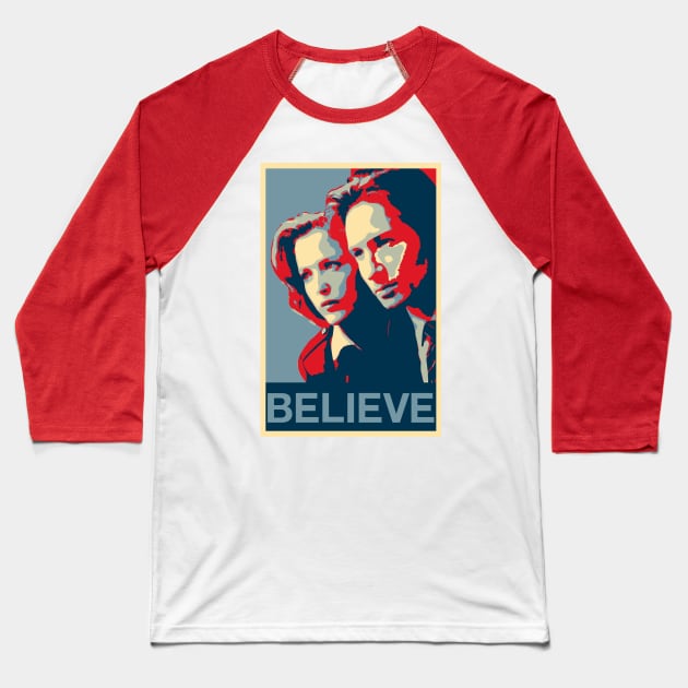 Scully and Mulder BELIEVE Poster Baseball T-Shirt by Mia's Designs